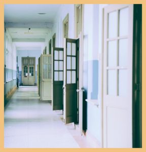 School corridor with classrooms on one side as a part of operational environment