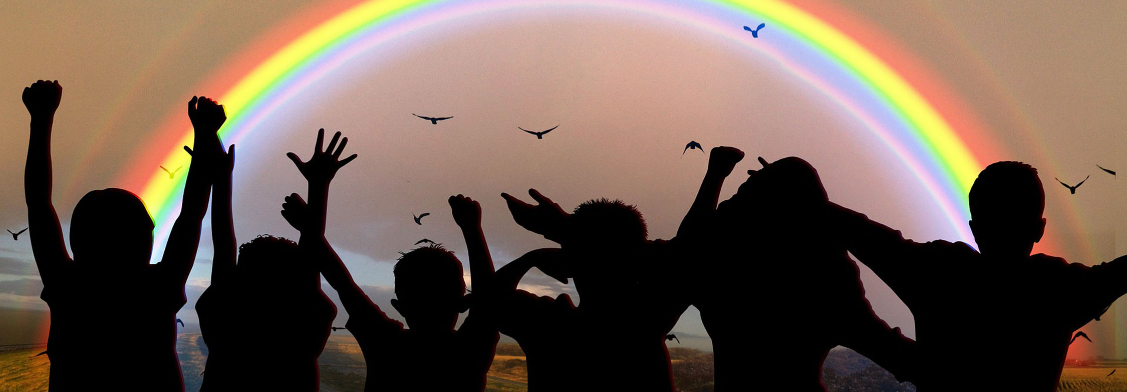 Silhouette of joyous children against a rainbow signifying nurturing, care and growth