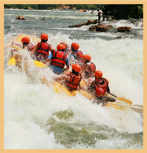 Group river rafting signifying goal setting in business planning and strategy performance transformation